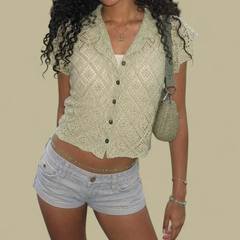Tweeds Sage Green Linen Blend Crochet Button Up Cardigan Top Size Small